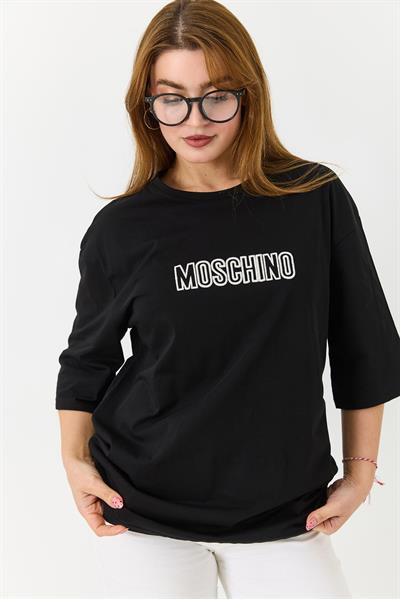 Kadın  Yazı Baskılı Bisiklet Yaka Tshirt Siyah