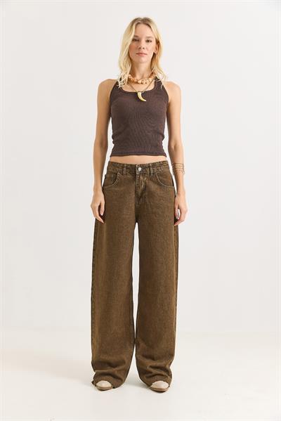 Kadın Bol Kesik Paça Şık Kot Pantalon  Kahverengi
