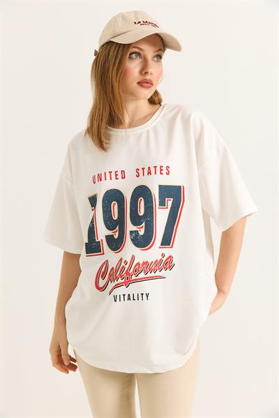 1997 Baskılı Oversize İki İplik Tshirt Beyaz