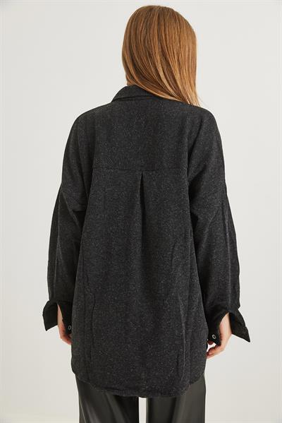 Baykuş Nakışlı Oversize Yün Gömlek Antrasit