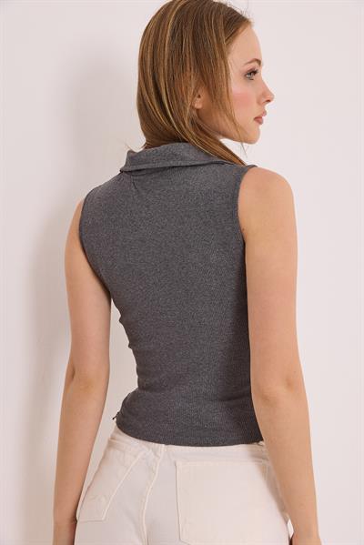 Sıfır Kol Polo Yaka Basıc Örme Kaşkorse Bluz Füme