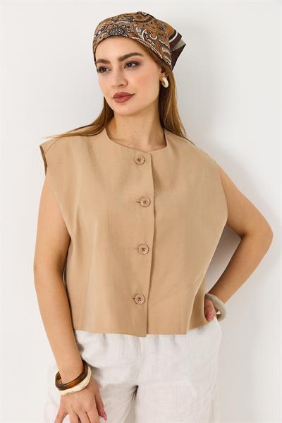 Kadın Kısa Kollu Düğmeli Crop Yelek Vizon