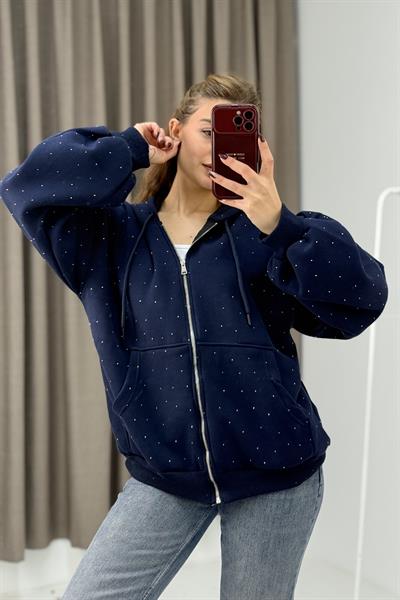 Kadın Taş Detaylı Kapüşonlu 3 İplik Fermuarlı Sweatshirt Lacivert