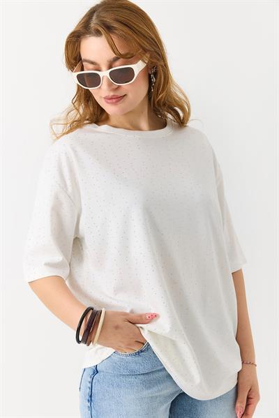 Kadın Taş Detaylı Bisiklet Yaka Oversize Tshirt Ekru