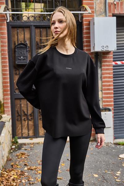 Kadın Modall Kumaş Yazı Baskılı Siyah Sweat