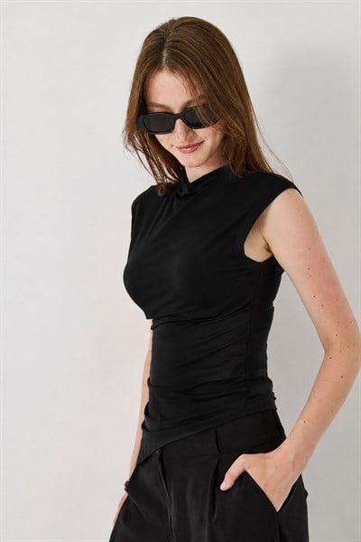 Kadın Eteği Çapraz Balıkçı Penye Esnek  Bluz Siyah