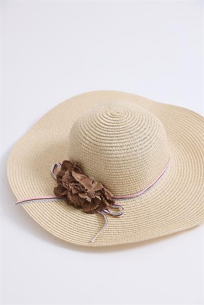 Aksesuarlı Hasır Kadın Plaj Havuz Bahçe Şapkası Bej