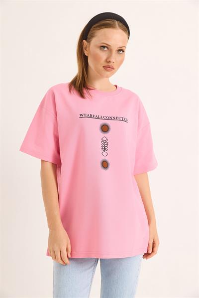 Bisiklet Yaka Kısa Kol Baskılı Tshirt Pembe