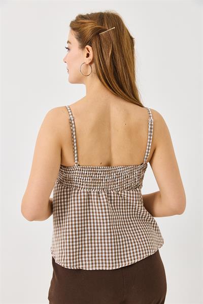 Kadın Büyük Fiyonk Detaylı Ekoseli Askılı Keten Görünümlü Bluz Kahverengi