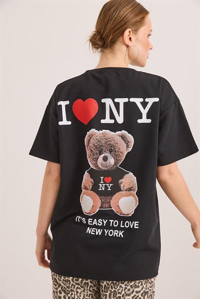 Ön Ve Arka Baskılı İki İp Oversize Örme Tshirt Siyah