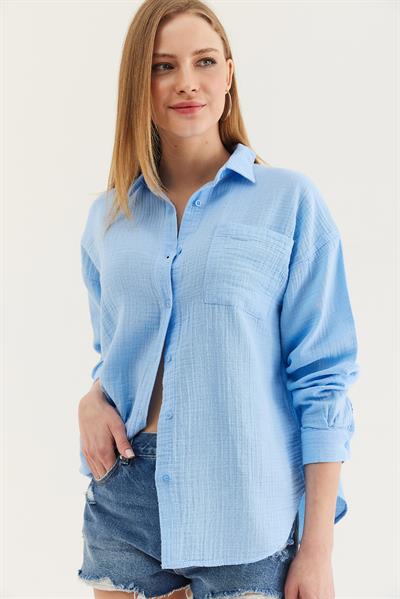 Uzun Kollu Oversize Gömlek Mavi