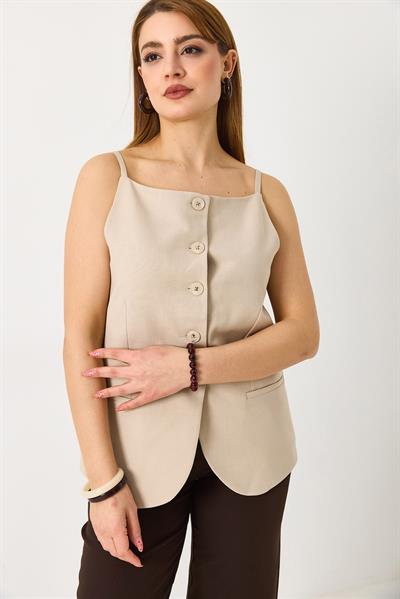 Kadın İp Askılı Düğmeli Kolsun Yelek Bej
