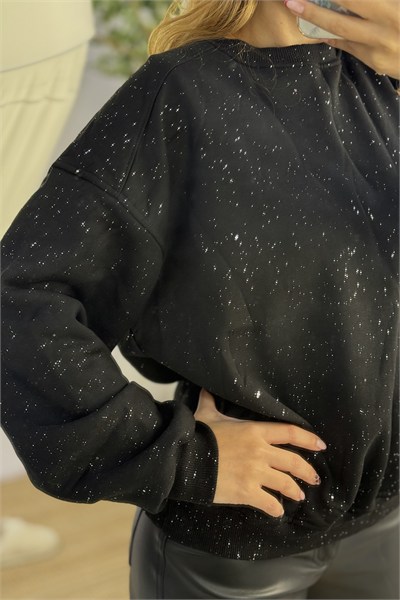 Kadın Bisiklet Yaka Işıltılı 3 iplik Sweatshirt Siyah