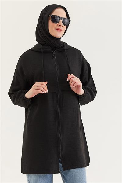 Araboy Kapşonlu Keten Kap Siyah