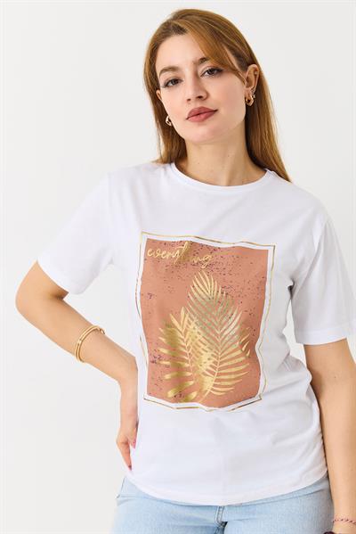 Kadın Palmiye Parlak Baskılı Tshirt Beyaz