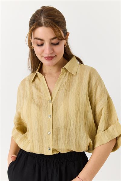 Kadın Beli Büzgülü Crop Bol Kesim Gömlek  Yağ Yeşili