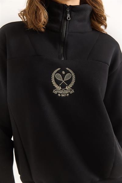Kadın Dik Yaka Fermuarlı Roket Baskılı Sweatshirt Siyah