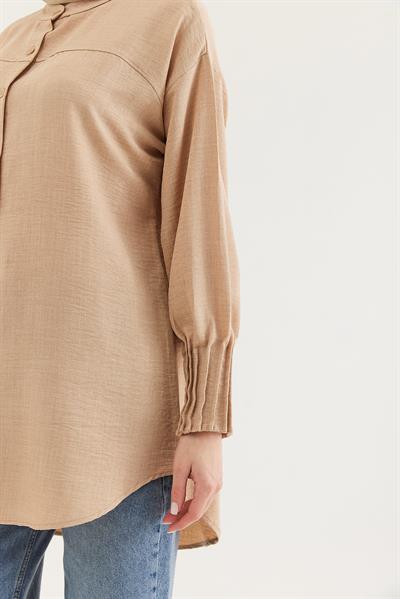 Keten Kumaş Kol Nervül Detaylı Gömlek Tunik Bej