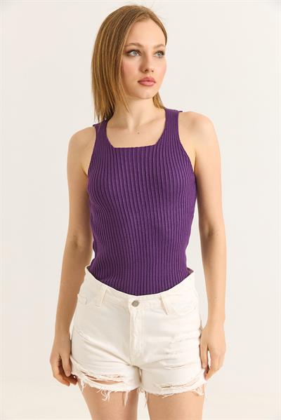 Kare Yaka Kalın Askılı Triko Atlet Bluz Mor