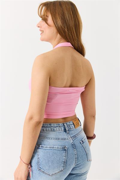 Kadın Boyundan Askılı  Crop Bluz Pembe