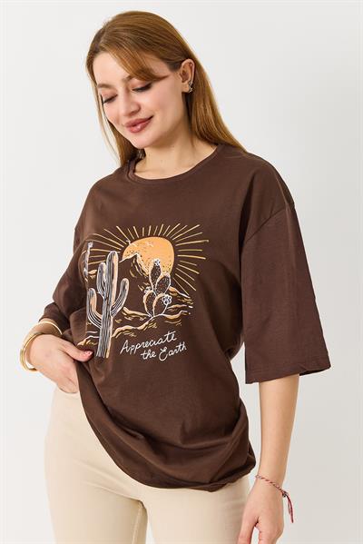 Kadın Çöl Tema Baskılı Bisiklet Yaka Tshirt Kahverengi