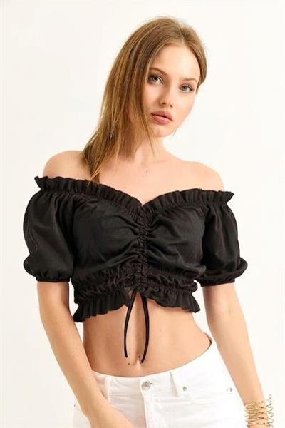 Madonna Yaka Büzgülü Crop Bluz Siyah