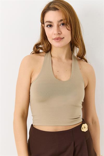 Kadın Boyundan Askılı  Crop Bluz Vizon