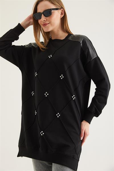 Deri Garnilli Taşlı İki İp Tunik Siyah