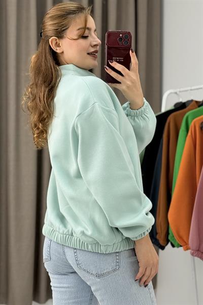 Üç İplik Şardonlu Mavi Beli Lastikli Fermuarlı Hırka
