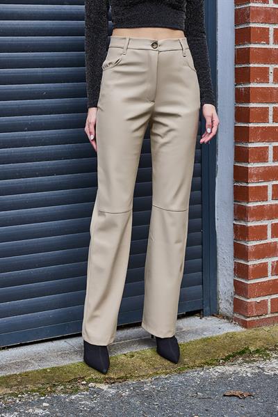 Kadın Bol Paça Tam Kalıp Deri Pantalon Bej