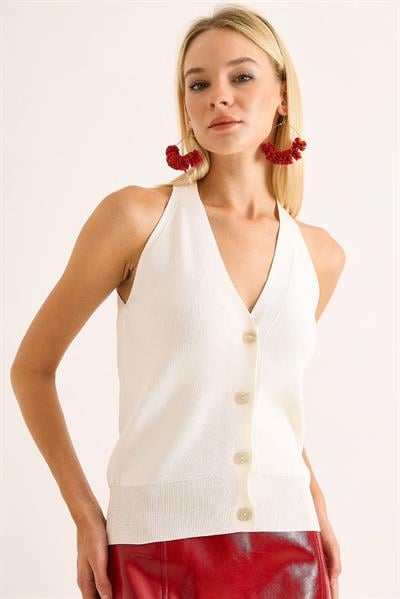 Kadın Düğmeli Triko Yelek Beyaz
