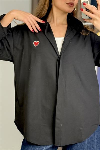 Ayıck Nakışlı Oversize Basic Gömlek Siyah