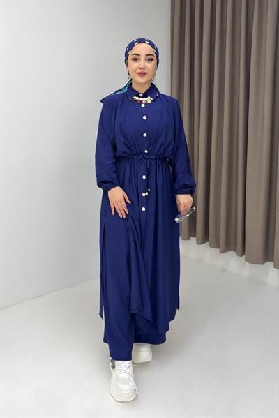 Kadın Beli Tünelli Düğmeli Uzun Tunikli İkili Takım Lacivert