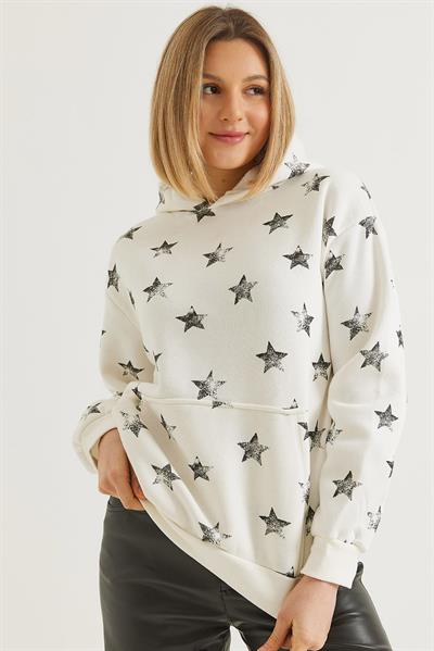 Yıldız Baskılı Oversize Kapüşonlu Sweatshirt Ekru