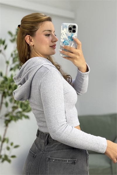 Uzun Kollu Kapüşonlu Crop Bluz Gri