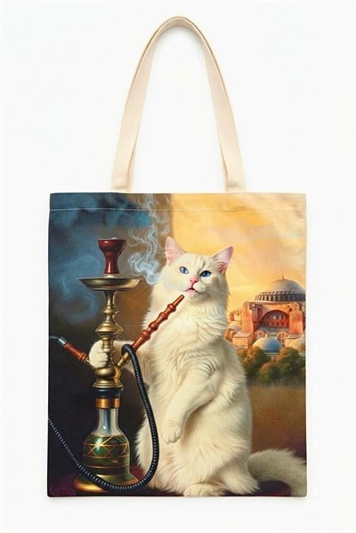 Kadın Nargileli Şık Kedi Tasarımlı 40X32 Ölçülü Bez Omuz Çantası Karışık