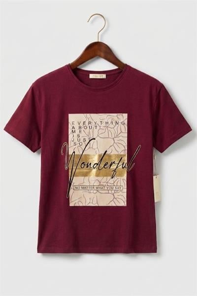 Kadın Bisiklet Yaka Baskılı Tshirt Bordo