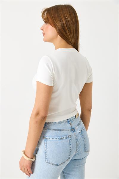 Kadın Kısa Kollu Taş Detaylı  Crop Bluz Ekru