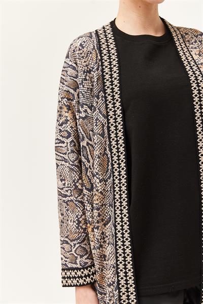 Oversize Şerit Detaylı Kimono Hırka Vizon
