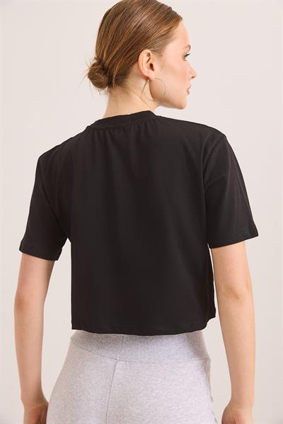 Karikatür Kuş Kabartma Baskılı Örme Crop Tshirt Siyah