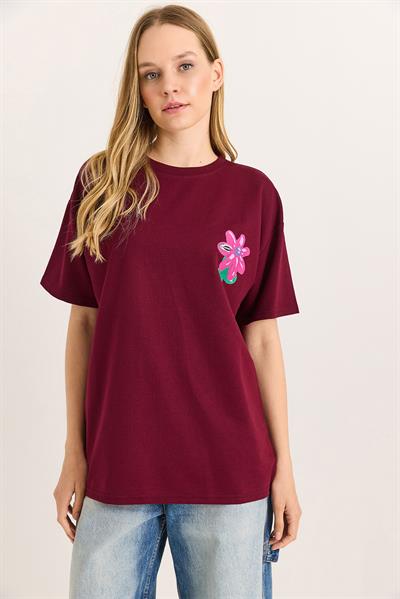 Baskılı Bisiklet Yaka Basic Tshirt Bordo