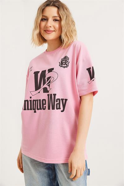 Bisiklet Yaka Baskılı Tshirt Pembe