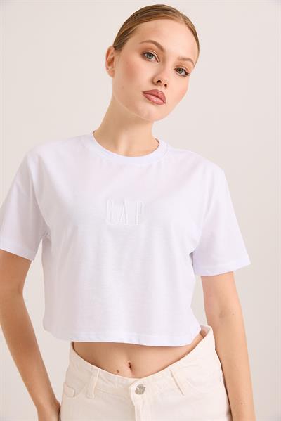 Nakışlı Örme Pamuk Crop Tshirt Beyaz