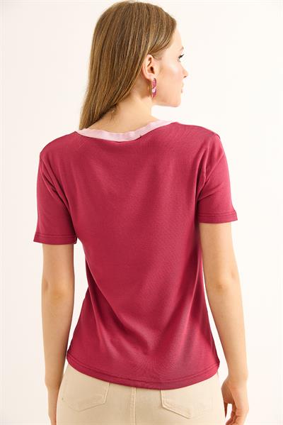 V Yaka  Kısa Kollu Kadın Kısa Tshirt Bordo