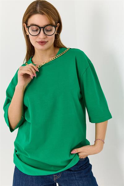Kadın Yakası Gold Zincirli Bisiklet Yaka Tshirt Yeşil