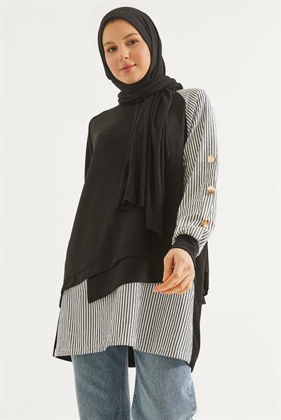 Kolu Ve Eteği Gömlek Garnili Tunik Siyah