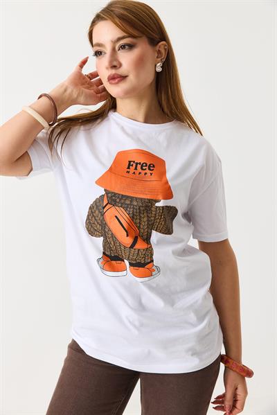 Kadın Baskılı Bisiklet Yaka Kısa Kol Tshirt Beyaz