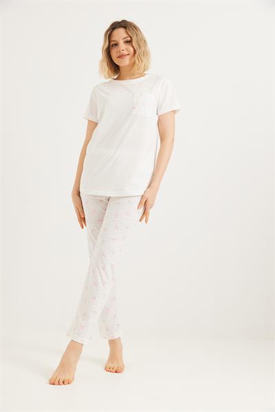 Baskılı Kısa Kol Pijama Takım Beyaz