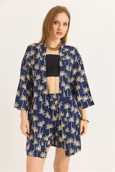 Kimono Şortlu Desenli Dokuma Kadın İkili Takım Lacivert