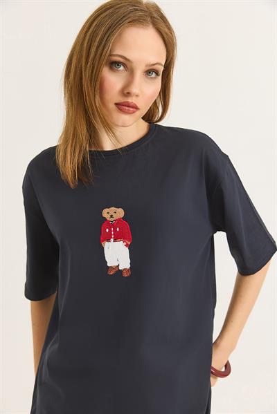 Ayıcık Nakışlı Rahat Kalıplı Tshirt  Antrasit